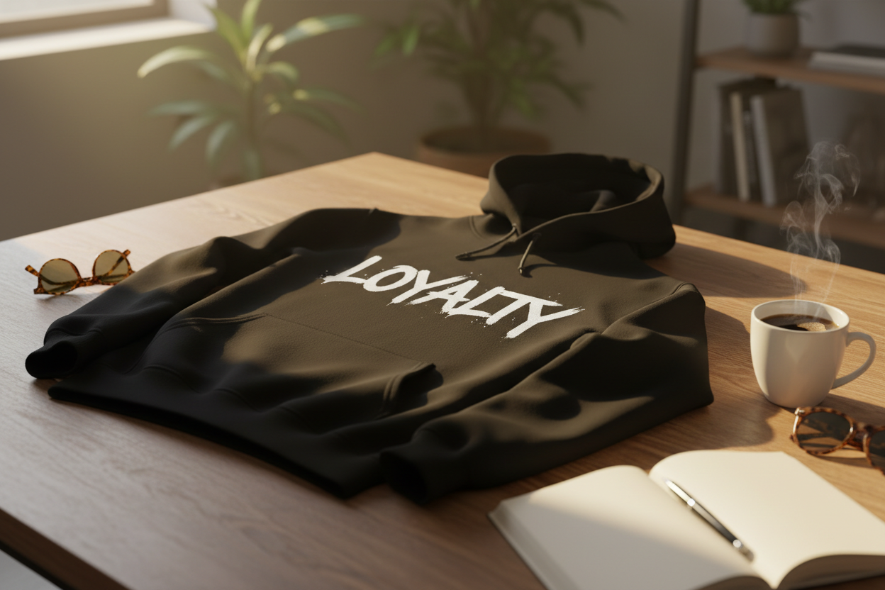 Black hoodie with 'LOYALTY' printed on it on a wooden table with a cup of coffee and sunglasses.